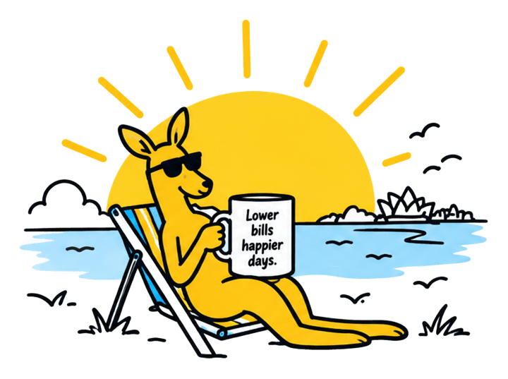 A yellow kangaroo in a deckchair by the harbour, holding a mug that says lower bills happier days