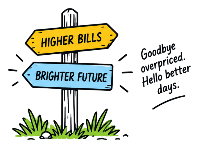 A signpost pointing from higher bills to a brighter future